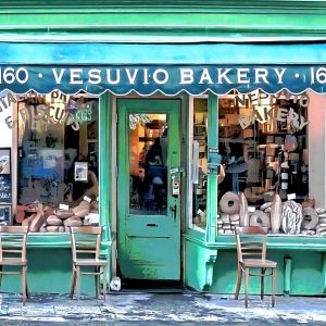 This photograph depicts the storefront of a bakery named "Vesuvio Bakery" located at 160 Prince