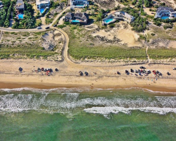 This is an aerial photograph of "Truck Beach" in Amagansett. The image showcases the natural