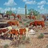 This is a vibrant depiction of a scene in the American Southwest, featuring a group of cowboys on