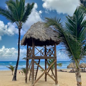 This photograph captures a tropical beach scene featuring a wooden lifeguard tower with a thatched