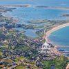 This is a photographic aerial view of Block Island Harbor. The image captures an expansive view of