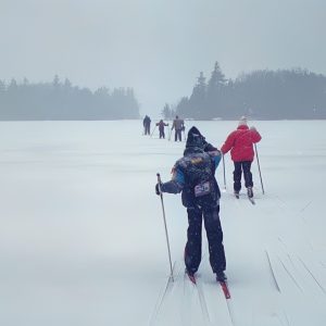 This is a photograph of cross-country skiers on the vast snowy landscape of Saranac Lake. The skiers