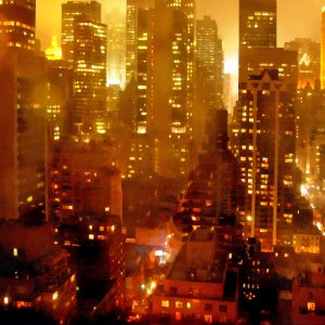This abstract photograph captures a cityscape of Manhattan at night. It features a vibrant array of