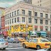 This colorful photo depicts a bustling city street scene with a prominent corner building, home of