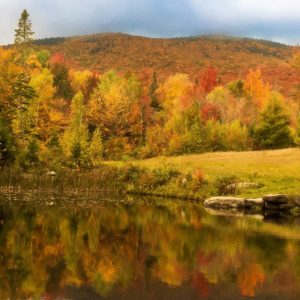 "Sit and Reflect" captures a tranquil autumn scene with vivid fall foliage mirrored in a pond