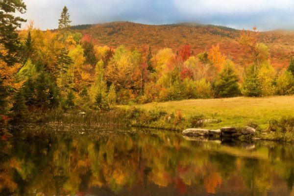 "Sit and Reflect" captures a tranquil autumn scene with vivid fall foliage mirrored in a pond