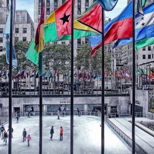 This is a photograph of the Rink at Rockefeller Center. On display is a vibrant display of