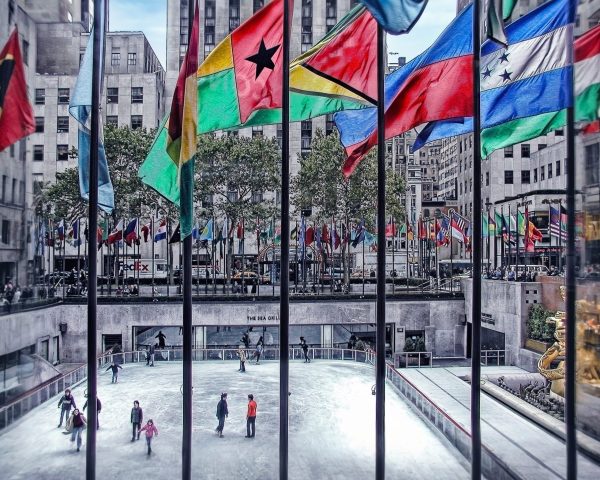 This is a photograph of the Rink at Rockefeller Center. On display is a vibrant display of