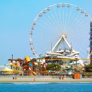 A view from the Atlantic Ocean of the Wildwood Beachball theme water tower along the Wildwood