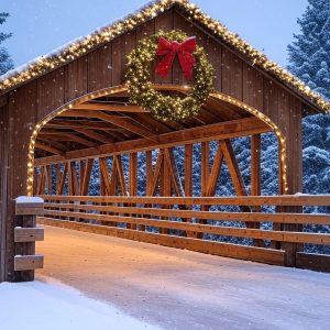 Step into the enchantment of a winter wonderland with this picturesque covered bridge adorned with