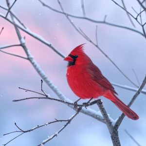 A striking red cardinal perches gracefully on a frosted branch, standing out brilliantly against the