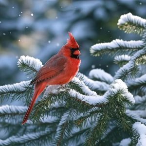 A vibrant red cardinal perched gracefully on a snow-dusted evergreen branch, bringing a splash of