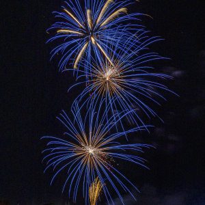Multiple bursts of Blue (copper) & Gold (sodium) shells create a beautiful composition in the sky.