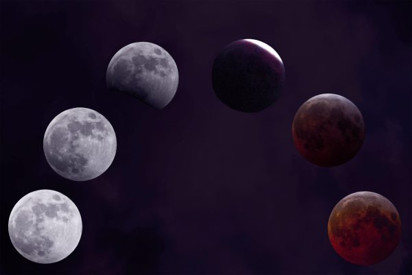 A composite artwork shows the stages of the recent blood moon lunar eclipse. It begins just before