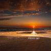 The artwork is a photograph capturing a serene beach sunset. The sun is positioned low on the
