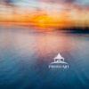 One of a set of four.The artwork is an abstract representation of a sunset over a body of water. The