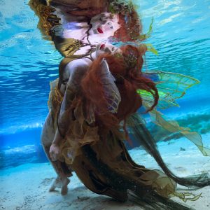 This artwork delves into a dreamlike underwater realm where a woodland nymph's image is reflected
