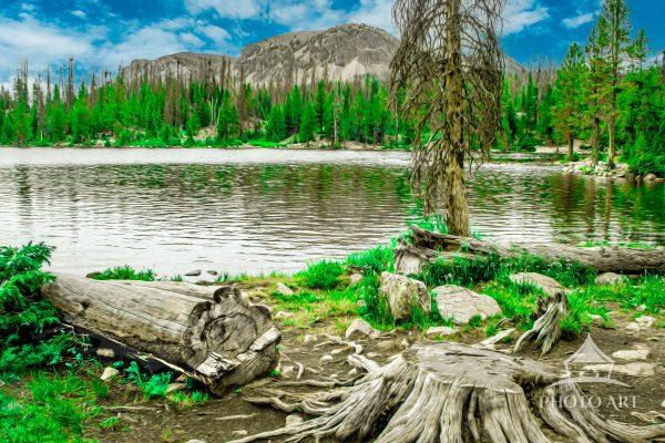 Mirror Lake, a picturesque alpine lake located in the high Uinta Mountains in Utah situated at an