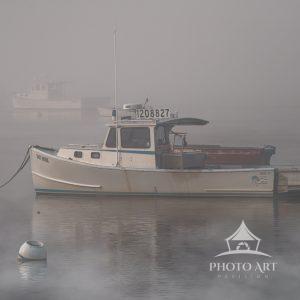 Knot Shore is a fishing boat that was captured on a foggy morning in Maine.