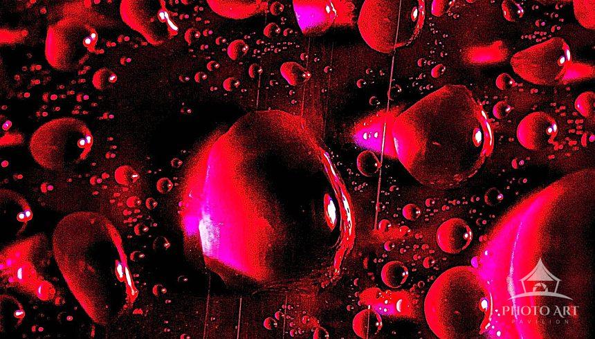 Red droplets fall, each one a quiet pulse, each bead suspended. Vertical threads of liquid catch the