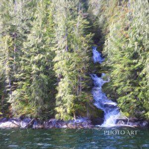 This serene woodland artwork captures a hidden waterfall cascading through dense evergreen forest,
