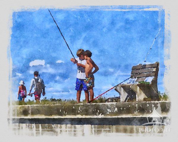 Depicted as a watercolor scene, fishing buddies get ready to cast a line into the Shinnecock Canal