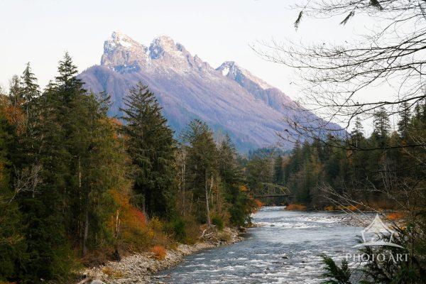 Fall colors along the Skykomish River, framing Haystack Mountain