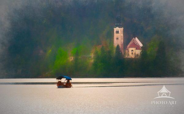 A small wooden boat with a blue canopy carries several passengers across a still lake. Their passage