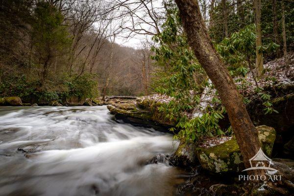 A serene long-exposure photograph of a winter creek flowing gently through a forest ravine.