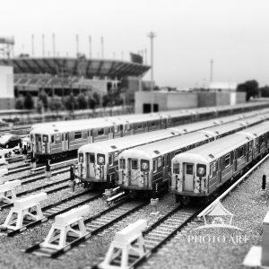 Subway trains awaiting the start of their day. I enjoyed making them look like toy trains.