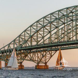 Yacht racing fleet heads to the finish in the golden hour.