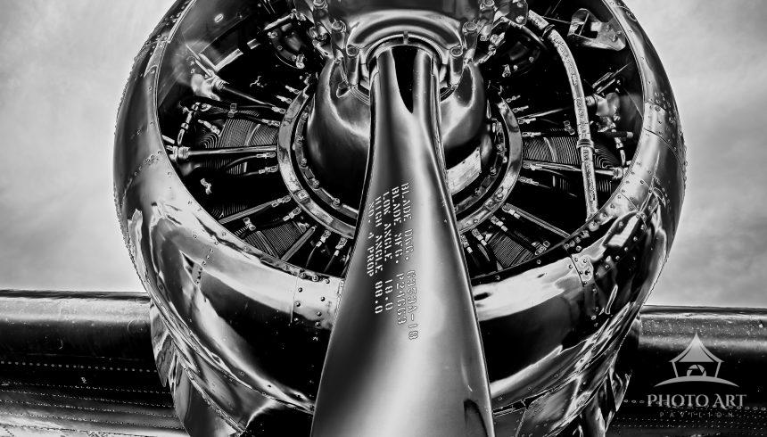 Propeller of a B-24 Liberator WW2 bomber. It was on display in Sioux Falls, SD. Black and white