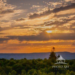 A peaceful landscape where evening light pierces the clouds and washes over a forested horizon. Rich