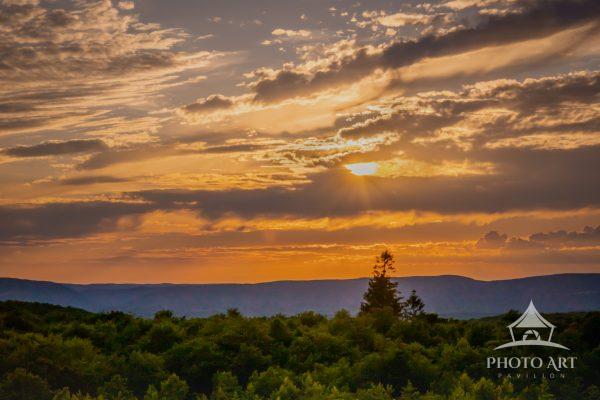 A peaceful landscape where evening light pierces the clouds and washes over a forested horizon. Rich