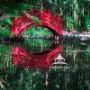 The artwork features a vibrant red arched wooden bridge spanning over a tranquil body of water in a