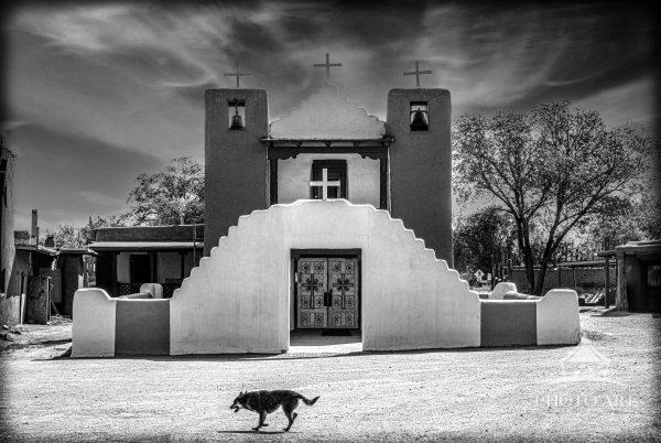 A dog walks past the St. Jerome (San Geronimo) Catholic Chapel, Taos, in the Taos Pueblo.