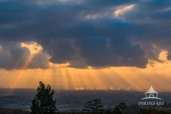 Crepuscular rays—aka "God Beams"—looking east-northeast from the Palos Verdes Peninsula, over Long