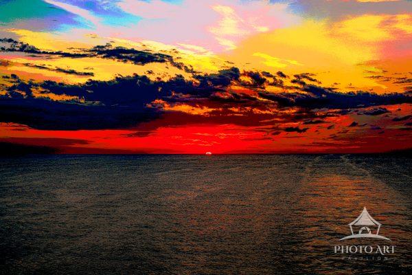 Colorful sunset given a watercolor look.