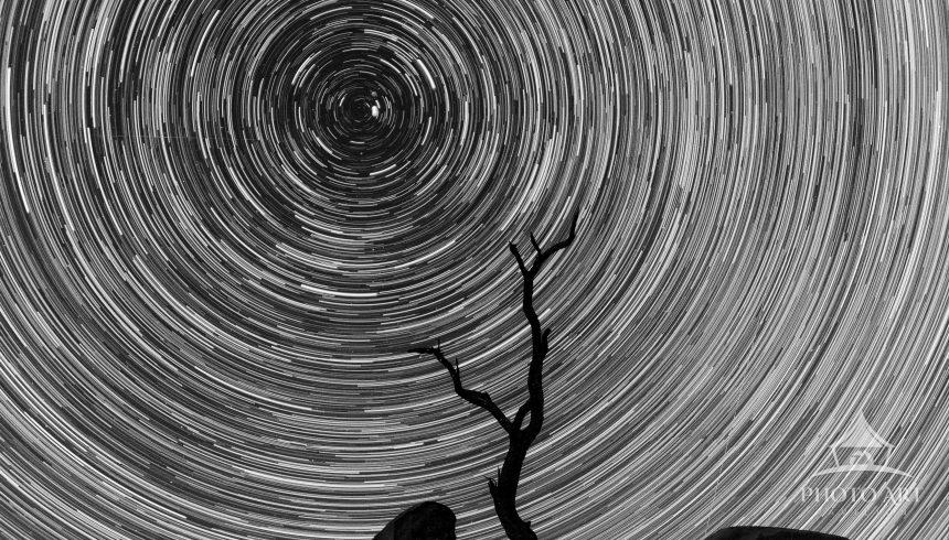 Star trails and a shooting star over the adobe ruins of a homestead built in 1896 by J.D. Ryan, who